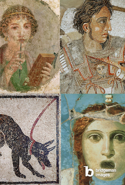 Montage of Pompeii images and photos of mosaics and frescoes found in Ancient Pompeii
