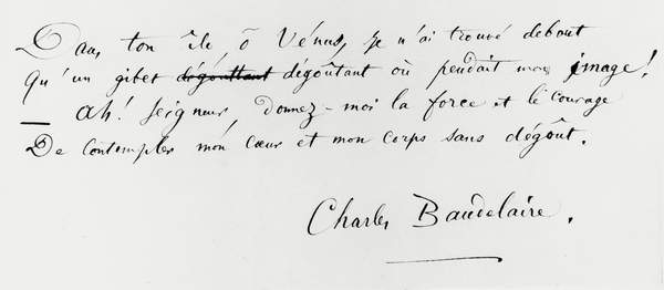 image of 'Voyage a Cythere' end of the poem with autograph signature (pen & ink on paper) (b/w photo), Baudelaire, Charles Pierre (1821-67) / Private Collection / © Archives Charmet / Bridgeman Images