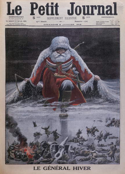 General Winter, front cover illustration from 'Le Petit Journal', supplement illustre, 9th January 1916 (colour litho), Bombled, Louis Charles (1862-1927) / Private Collection / © Archives Charmet / Bridgeman Images
