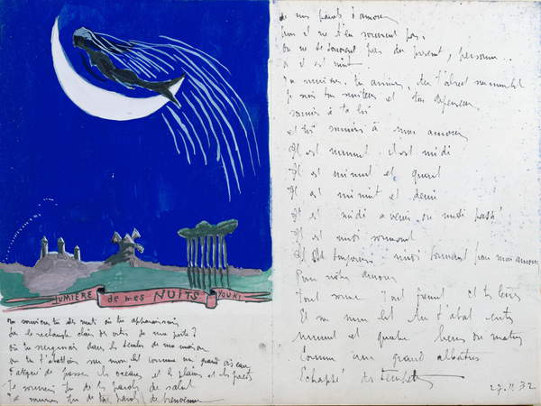 image of the poem Light of my Nights, illustrated handwritten poem, 27th November 1932 (gouache on paper), Desnos, Robert (1900-45) / Bibliotheque Litteraire Jacques Doucet, Paris, France / © Archives Charmet / Bridgeman Images