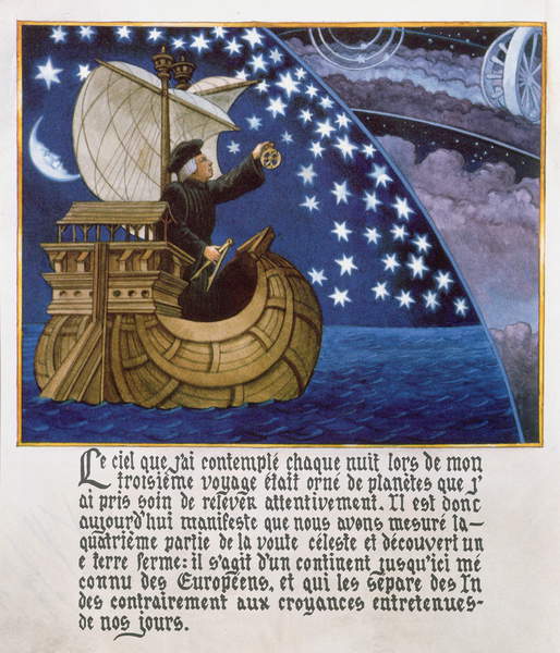 photo of Amerigo Vespucci navigating by the stars on his 3rd voyage (colour litho), French School / Private Collection / © Archives Charmet / Bridgeman Images