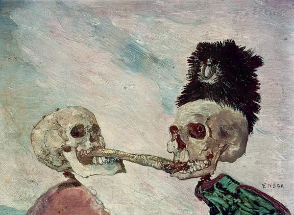 Skeletons Fighting over a Herring (oil on panel), James Ensor (1860-1949) / Private Collection / Bridgeman Images