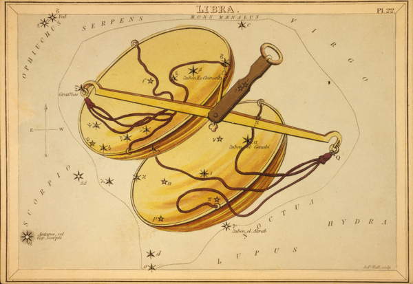 Costellazione bilancia- Constellation of Libra - Plate extracted from the Mirror of Urania by Jehoshaphat Aspin - 1825 Urania's Mirror, by Jehoshaphat Aspin, 1825 / Photo © Novapix / Bridgeman Images