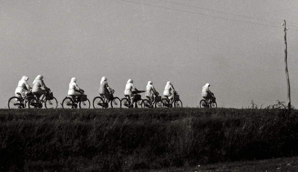 line of women workers from last century cycling through a field in Italy