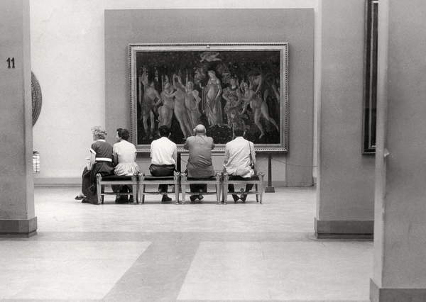 group of tourists admiring the Primavera by Botticelli in Uffizi Gallery, Florence, 50's, 60's