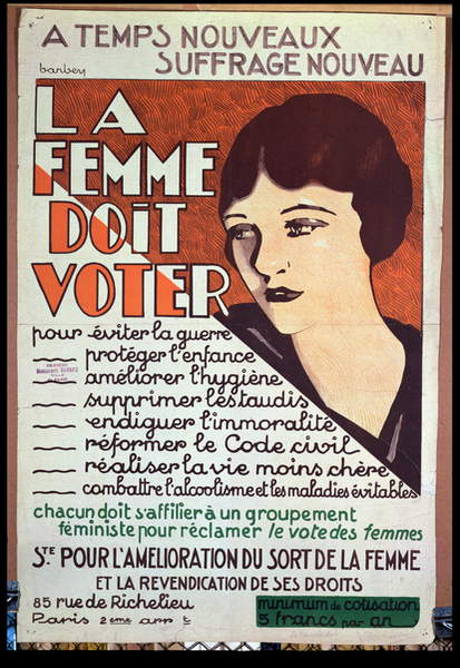 'Women Must Vote', poster encouraging women to fight for voting rights, c.1925-30 (colour litho), Barbey, Maurice (c.1880-p.1939) / Bibliotheque Marguerite Durand, Paris, France / © Archives Charmet / Bridgeman Images