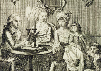 A Father Reading to his Family by Candlelight, engraved by Thomas Cook (1744-1818) frontispiece to a book pub. by John Marshall & Co., 1783 (engraving), Dodd, Daniel (fl.1760-90) (after) / Private Collection / The Stapleton Collection