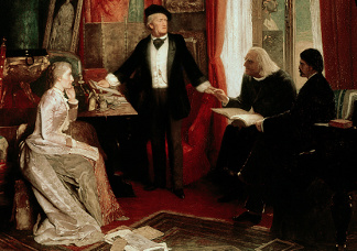 Richard Wagner with Franz Liszt and Liszt's daughter Cosima (oil on canvas), German School, (19th century) / Richard Wagner Museum, Bayreuth, Bavaria, Germany