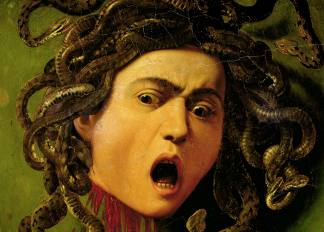 Medusa, painted on a leather jousting shield, c.1596-98 (oil on canvas attached to wood), Caravaggio, Michelangelo Merisi da (1571-1610) / Galleria degli Uffizi, Florence, Italy