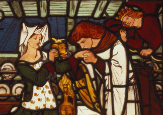 The Love Potion, intended for Isolde the Fair and King Mark of Cornwall, but drunk by Tristan and Isolde the Fair, (stained glass), Dante Gabriel Rossetti, (1828-82) / © Bradford Art Galleries and Museums