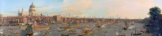 Detail of The River Thames with St. Paul's Cathedral on Lord Mayor's Day, c. 1747-8 (oil on canvas) by Canaletto