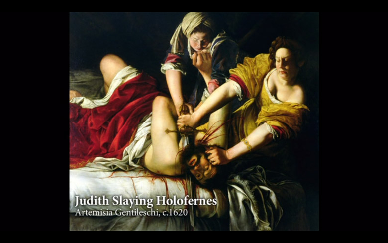 Still from 'The Story of Women and Art' featuring Judith and Holofernes (panel) by Artemesia Gentileschi  (1597-c.1651) /Museo di Capodimonte, Naples 