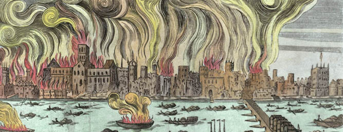 The Great Fire of London 1666 (woodcut) (later colouration), English School, (17th century) / © Museum of London, UK