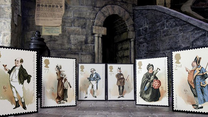 The first-class stamp features Dickensian characters Credit: David Parry/PA Wire