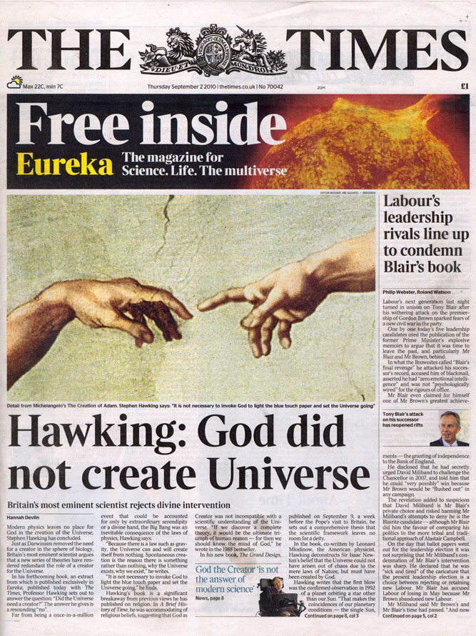 Front page of The Times 02/09/2010. The Creation of Adam, from the Sistine Ceiling, 1510  (detail), Michelangelo Buonarroti (1475-1564) / Vatican Museums and Galleries, Vatican City, Italy / Alinari
