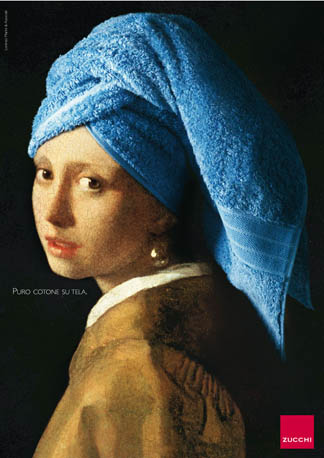 Vermeer's Girl with a Pearl Earring advertising Zucchi 'pure cotton on canvas' towel