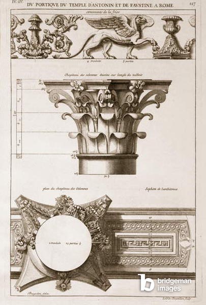 Temple of Antoninus and Faustina, details from the portico, from 'Les Edifices Antiques de Rome', published 1682 (engraving) / The Stapleton Collection / Bridgeman Images