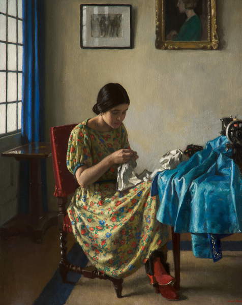 Sewing, c.1924 (oil on canvas), Knight, Harold (1874-1961) / Manchester Art Gallery, UK / Bridgeman Images