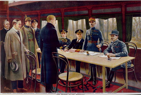 image of The Signing of the Armistice on 11th November 1918 at 5 a.m., 1918 (colour litho), Verneuil, Maurice Pillard (1869-1942) / Private Collection / © Archives Charmet / Bridgeman Images